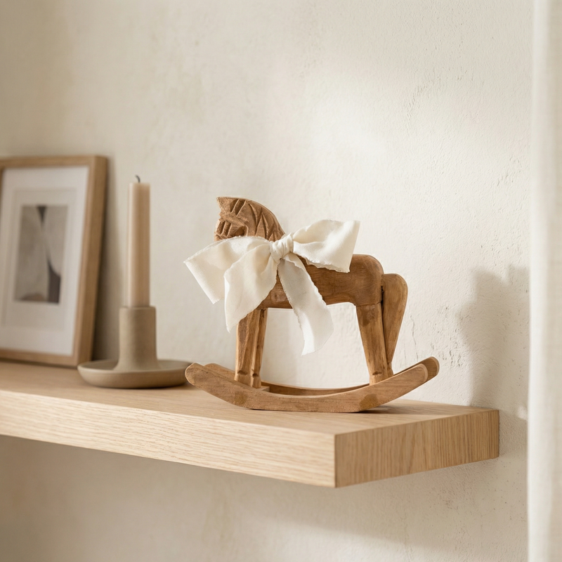 Wooden Rocking Horse Figurine – Hand Carved Detail with Fabric Bow for Decor
