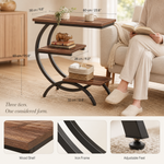 C-Shaped End Table with 3-Tier Shelves – Industrial Wood and Metal Sofa Side Table