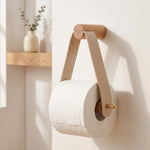 Toilet Paper Holder – Wall Mounted Wood Leather Brass Bathroom Organizer Minimalist Rustic Decor