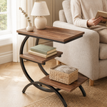 C-Shaped End Table with 3-Tier Shelves – Industrial Wood and Metal Sofa Side Table