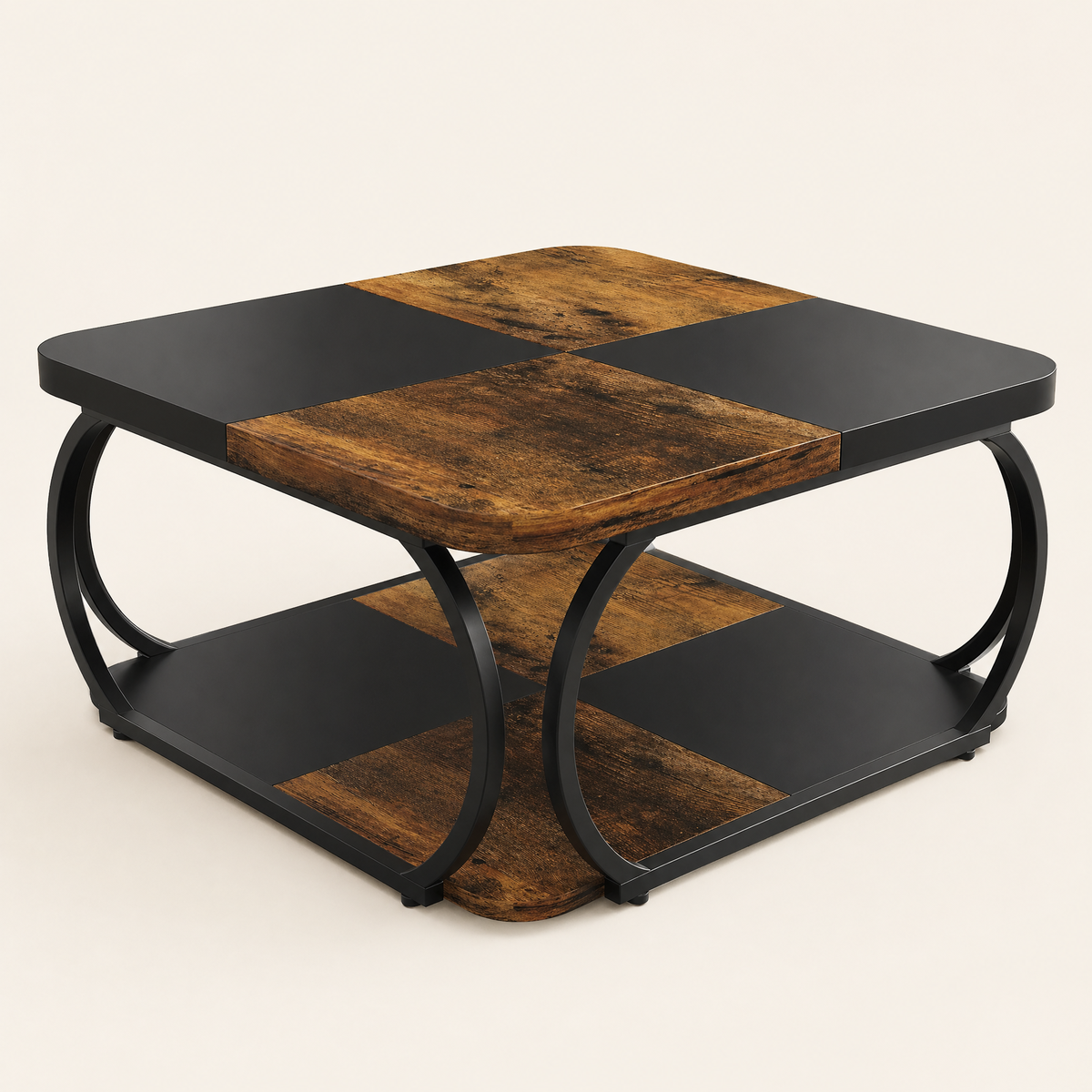 Large Square Coffee Table 2 Tier Storage – Wood Panel Top Curved Metal Frame