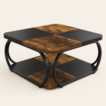 Large Square Coffee Table 2 Tier Storage – Wood Panel Top Curved Metal Frame