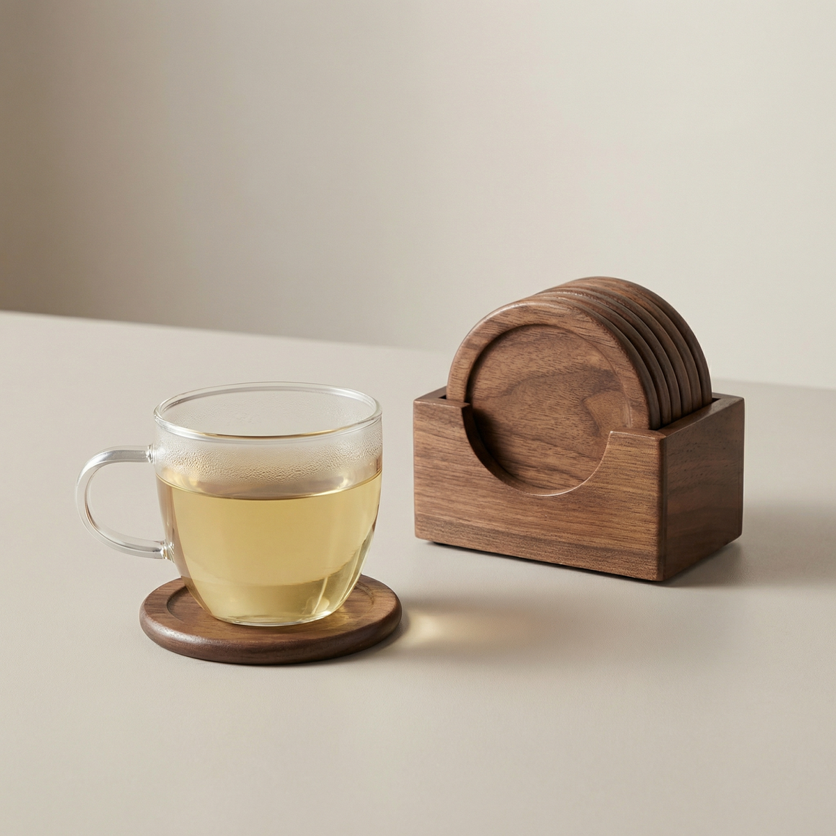 Wooden Coaster Set with Holder – 6 Round Coasters with Storage Stand for Kitchen & Living Room