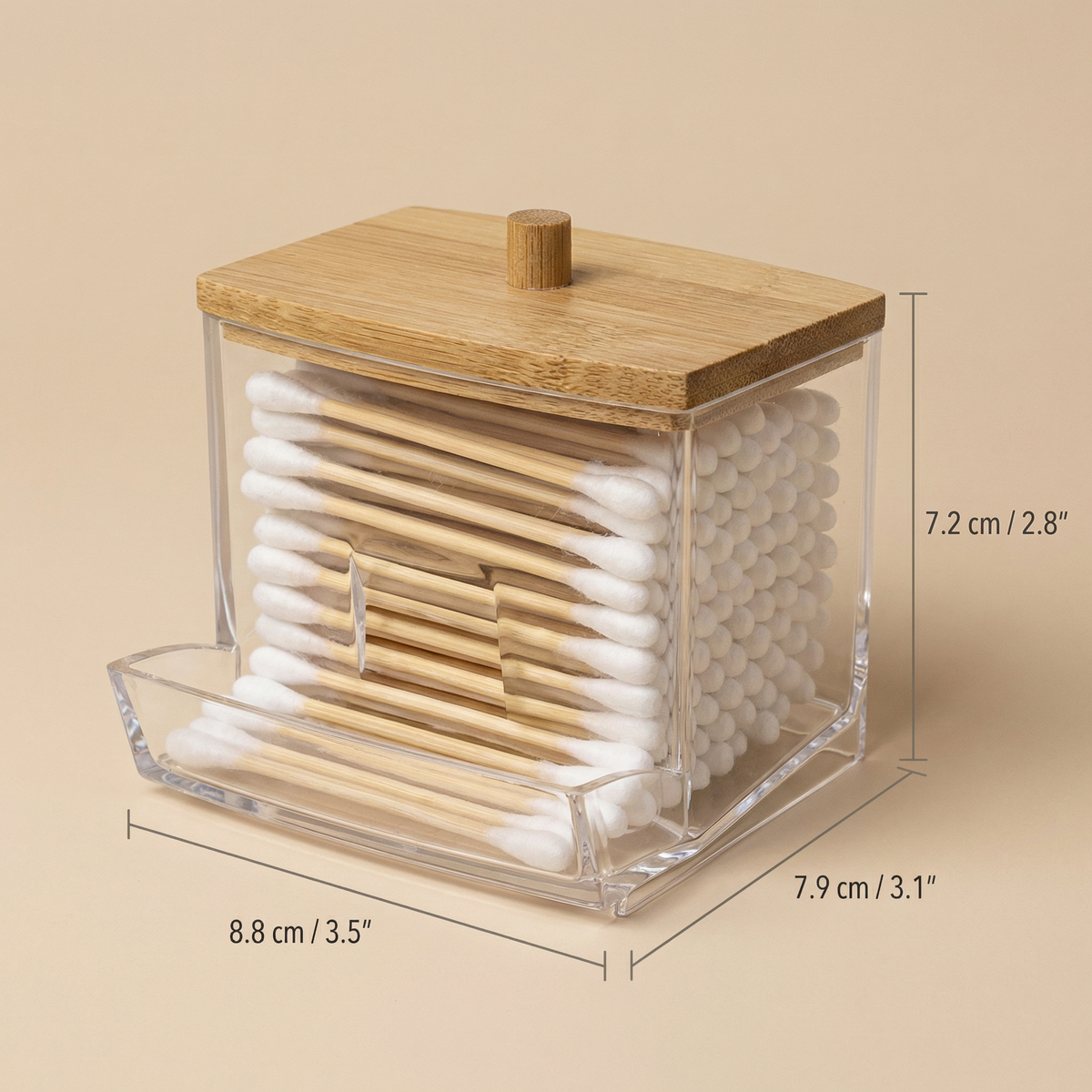 With Cotton Swab Dispenser – Clear Acrylic Container with Bamboo Lid for Bathroom Organizer Storage
