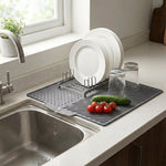 Silicone Dish Drying Mat with Drain Spout – Non Slip Kitchen Countertop, Heat Resistant