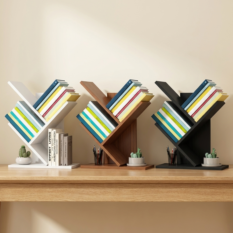 Tree Bookshelf 3-Tier Wood Desk Organizer – Small Bookcase Home Office Display