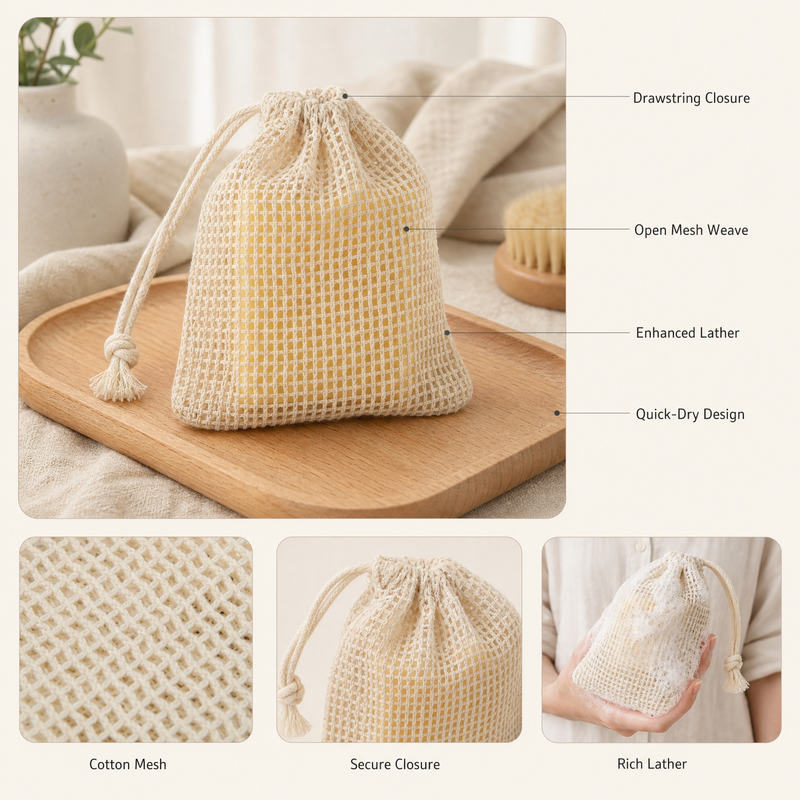 Sacs économiseurs de savon en coton – Lot de 3 pochettes en maille à cordon pour la mousse, l'exfoliation, la douche et le bain