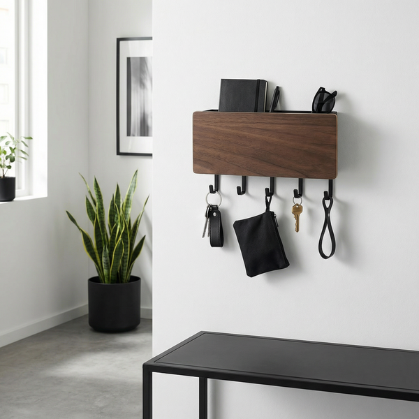 Wall Mounted Bamboo Key Hanger – Entryway Organizer with Storage Slot, Minimalist Wall Hook Rack