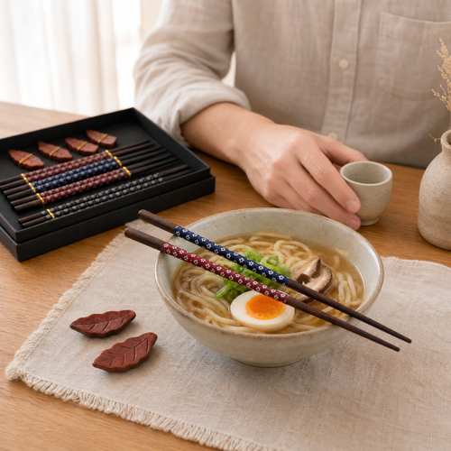 Chopsticks Gift Box Set – 4 Pairs Wood Chopsticks with Rests, Asian Dining Table Decor