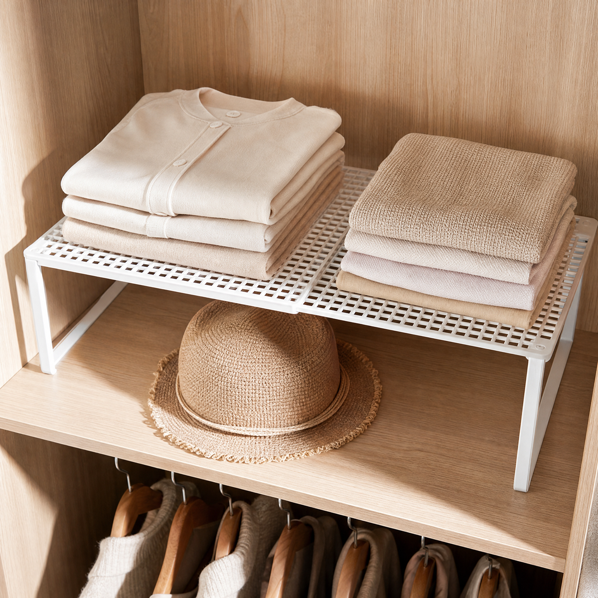 Expandable Closet Shelf – Adjustable Stackable Cabinet Organizer Wardrobe Divider