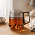 Glass Mug with Wooden Handle – Ribbed Smoky Design, Mountain Relief Base, 400ml