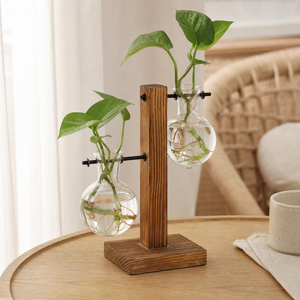 Glass Bulb Vase with Wood Stand – Hydroponic Propagation Planter Desk Decor
