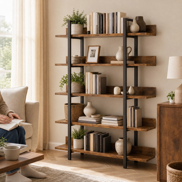 Standing Bookshelf 5 Tier – Industrial Metal Frame, Open Storage Rack for Living Room