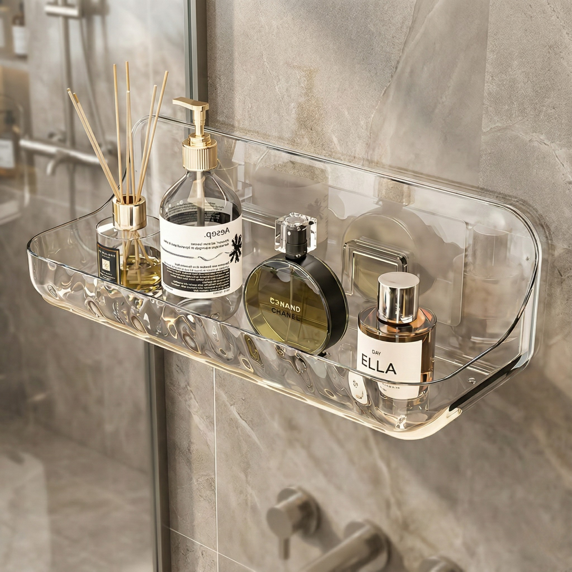 Adhesive Acrylic Bathroom Shelf – No Drill Wall Mount Storage for Shower Bath & Vanity Organizer