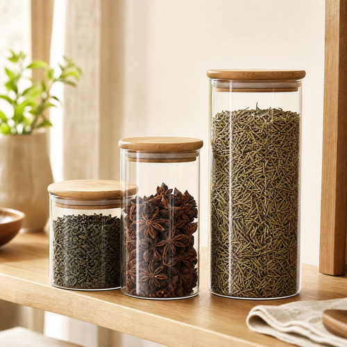 Glass Storage Jar with Wood Lid – Airtight Kitchen Canister for Tea Coffee Sugar