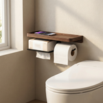 Walnut Toilet Paper Holder Shelf – Wall Mounted Tissue Box and Roll Organizer for Bathroom