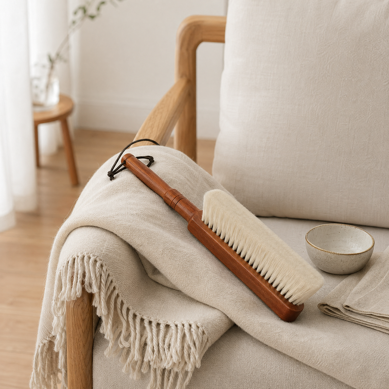 Soft Bed Brush with Wooden Handle – Natural Bristles for Bedding Sofa Furniture Cleaning