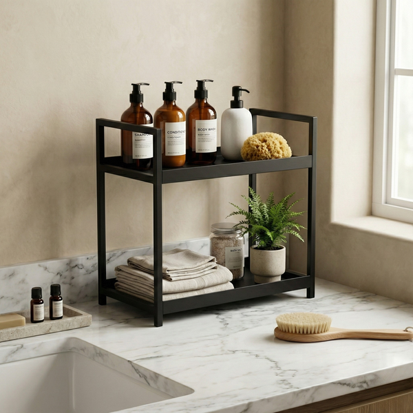 2 Tier Countertop Organizer Rack – Steel Storage Shelf for Bathroom, Kitchen Spices & Toiletries