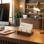 Business Card Holder – Wood and Metal Stand for Office Desk, Name Cards, Affirmation Display