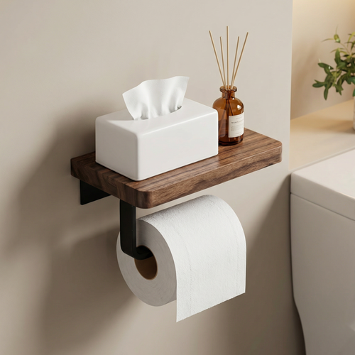 Toilet Paper Holder with Shelf – Wall Mounted Walnut Wood Storage Bathroom Organizer