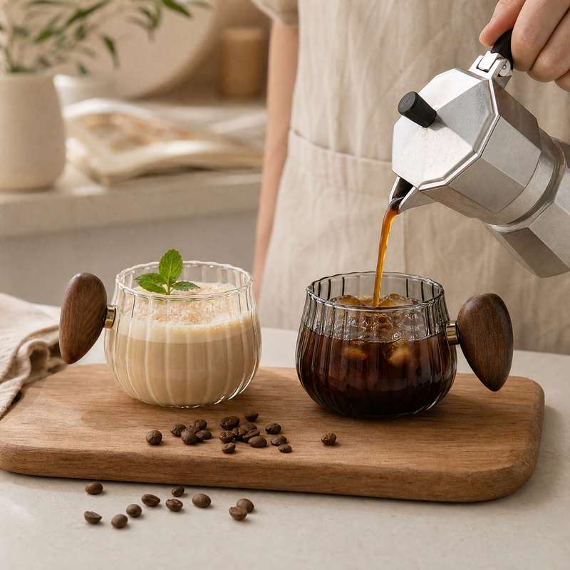 Mug à café en verre nervuré avec anse en bois — Résistant à la chaleur, 200 ml, Transparent ou Gris