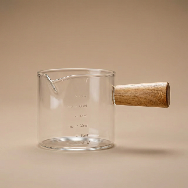 75ml Glass Espresso Measuring Cup – Heat Resistant Borosilicate Glass with Wooden Handle