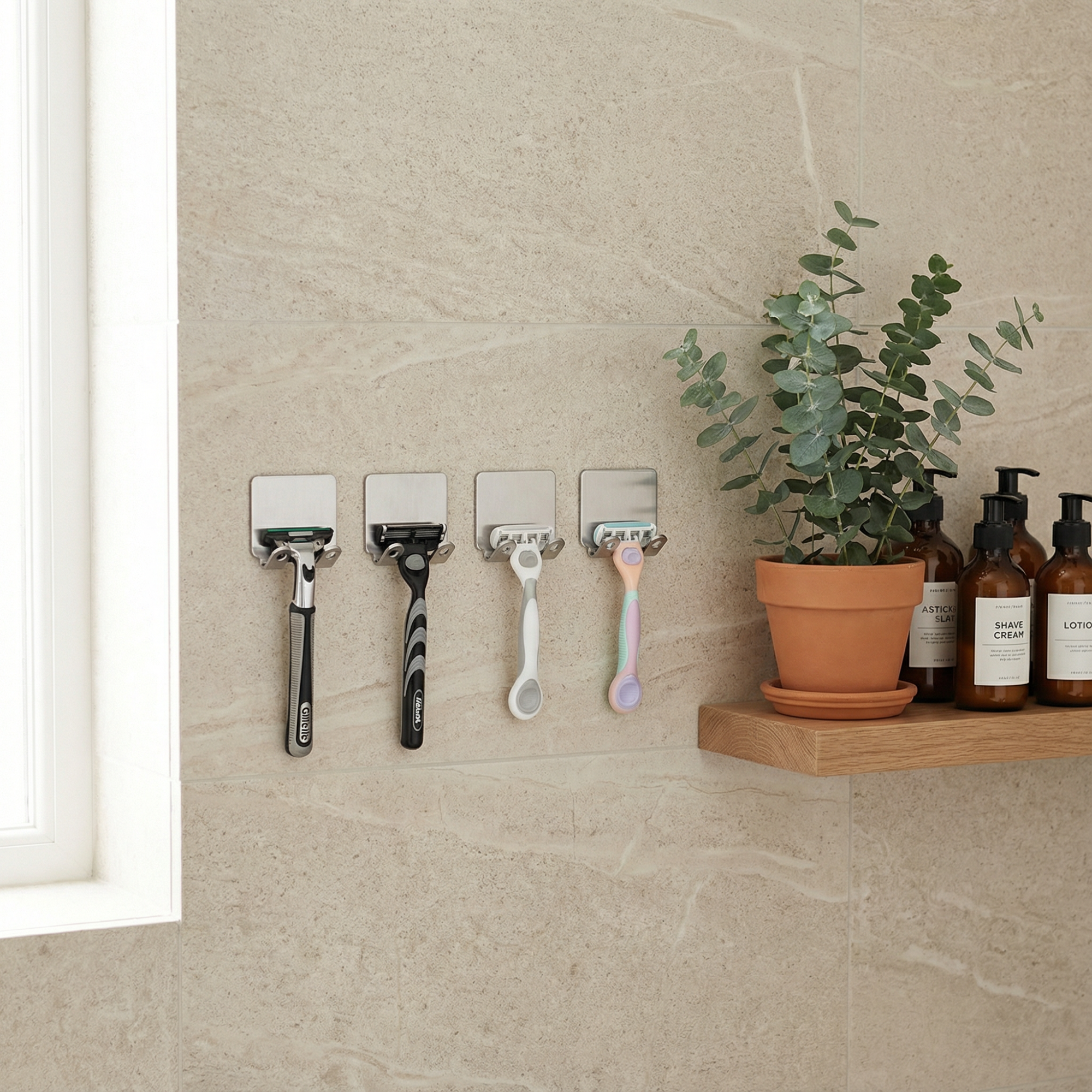 Adhesive Razor Hook – No Drill Shower Razor Holder, Rust Resistant Bathroom Organizer