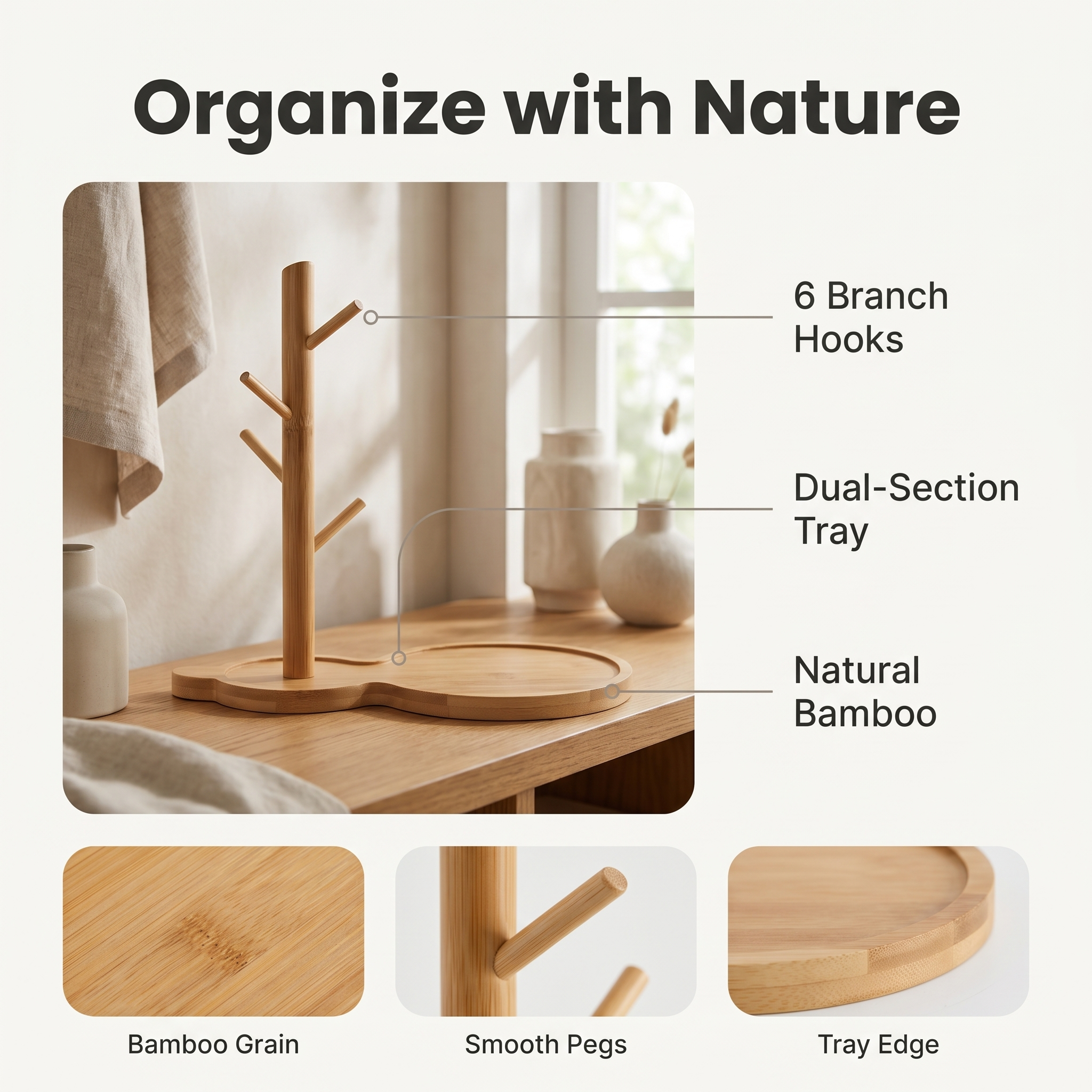 Bamboo Tree Branch Key Hanger with Storage Tray – Nordic Desktop Organizer Decor