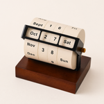Rotating Perpetual Desk Calendar – Manual Roll Wheel Date Display, Wood Base