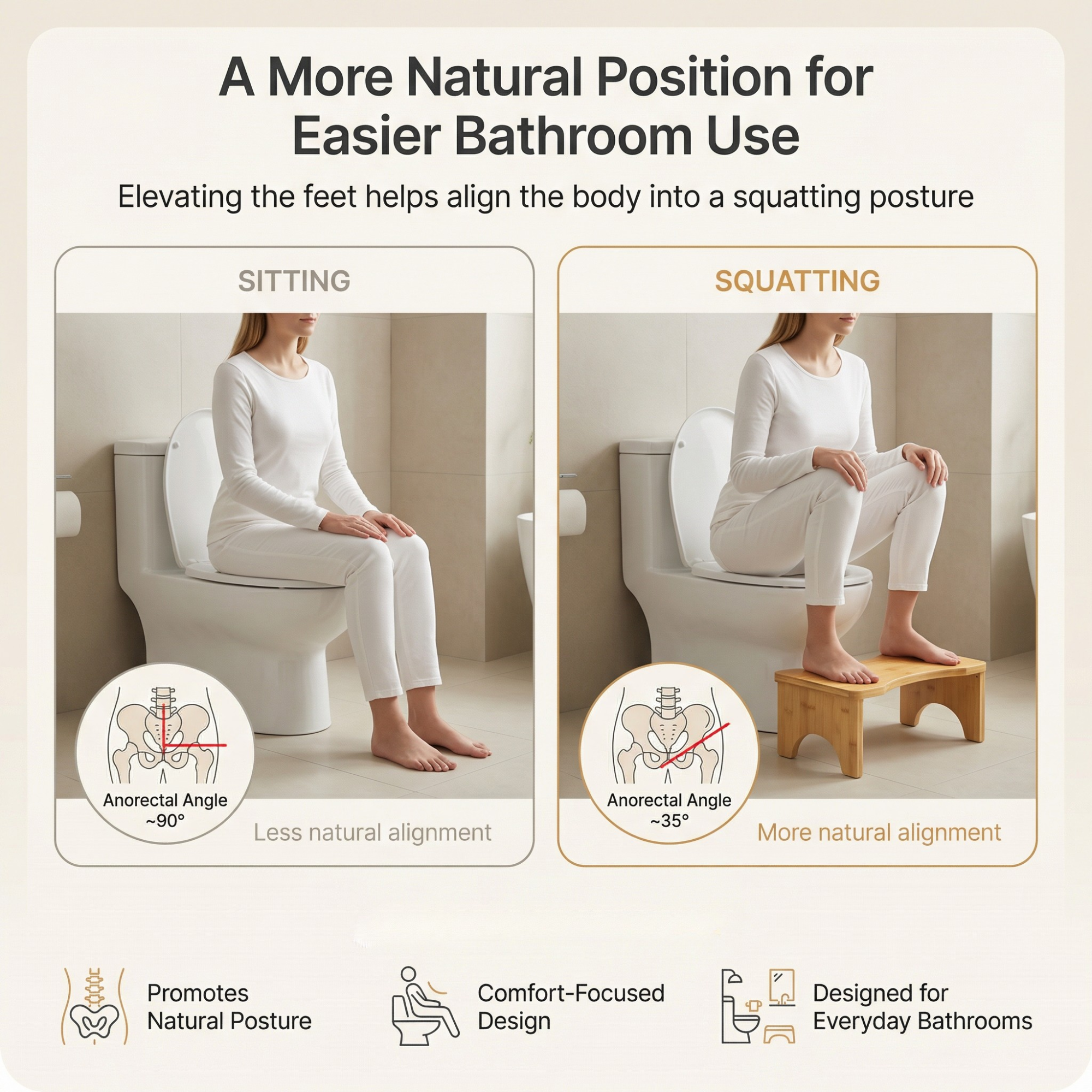Bamboo Squatting Position Toilet Stool – Wood Ergonomic Bathroom Footstool for Natural Posture