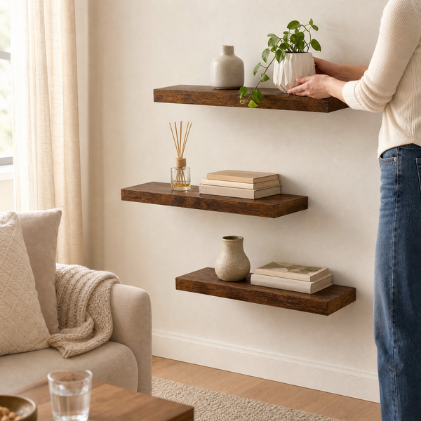 Solid Wood Floating Wall Shelf – Bracket Mount Storage Display Living Room Bedroom