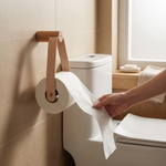 Toilet Paper Holder – Wall Mounted Wood Leather Brass Bathroom Organizer Minimalist Rustic Decor