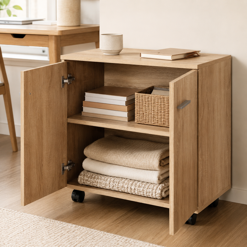 Meuble de rangement — Buffet roulant avec 2 portes, étagère interne, roulettes, finition bois naturel, salon