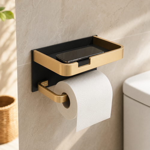 Toilet Paper Holder with Shelf – Wall Mount Aluminum Phone Storage Bathroom Organizer