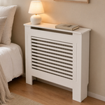 Modern Radiator Cover with Shelf – White Slatted MDF Heater Cabinet Living Room Decor