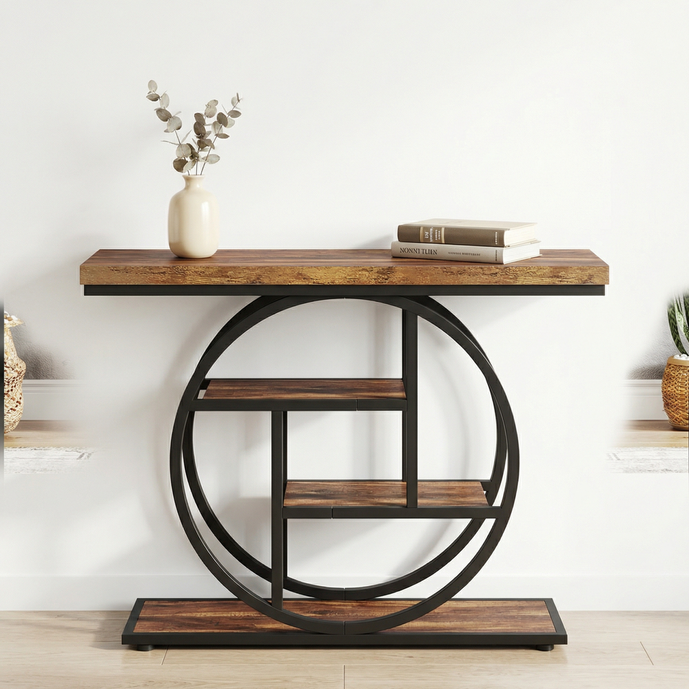 4-Tier Console Table – Modern Table with Open Shelves and Circular Frame for Living Room