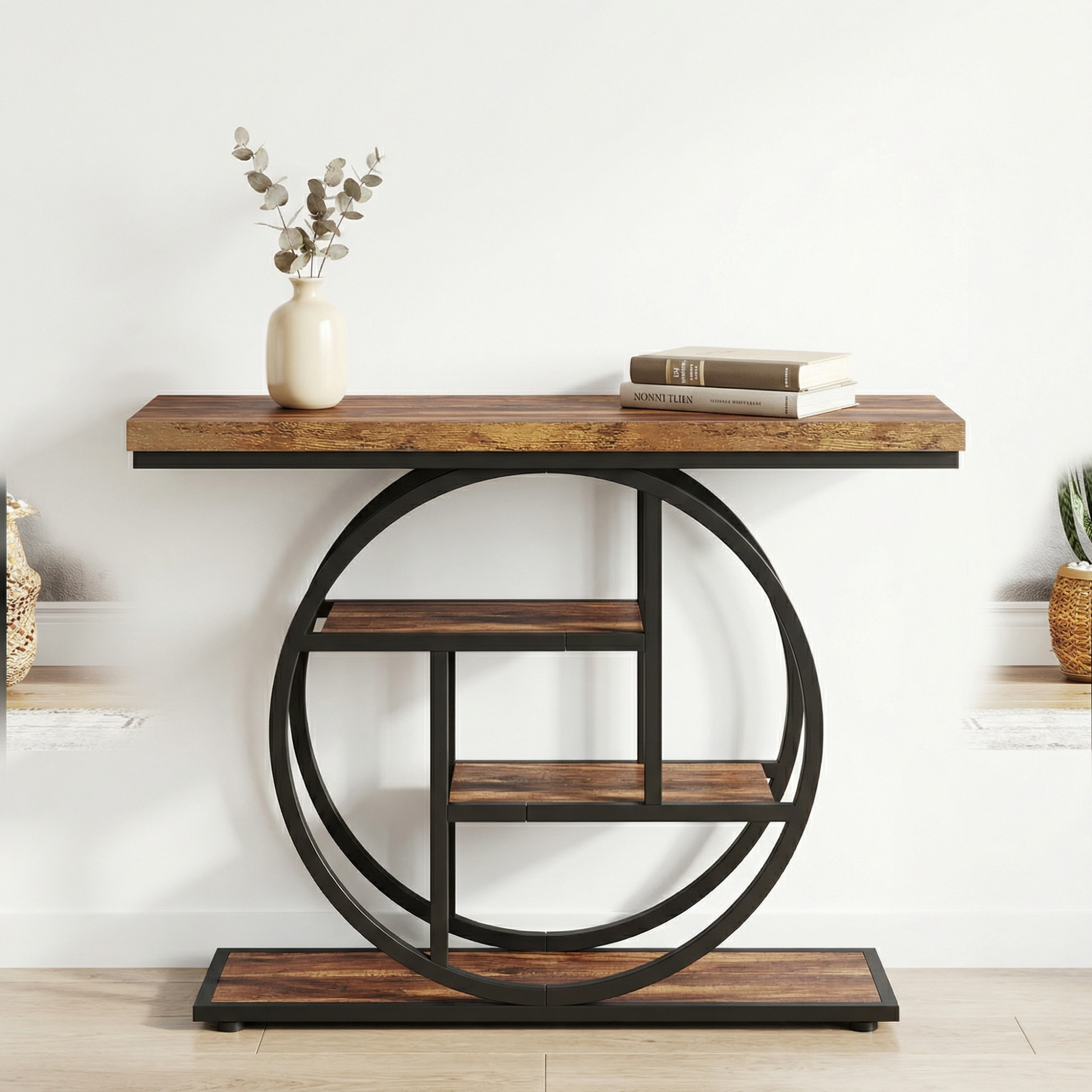 4-Tier Console Table – Modern Table with Open Shelves and Circular Frame for Living Room