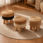 Round Rattan Footstool – Woven Grass Seat Wood Legs Boho Living Room Ottoman