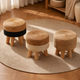 Round Rattan Footstool – Woven Grass Seat Wood Legs Boho Living Room Ottoman