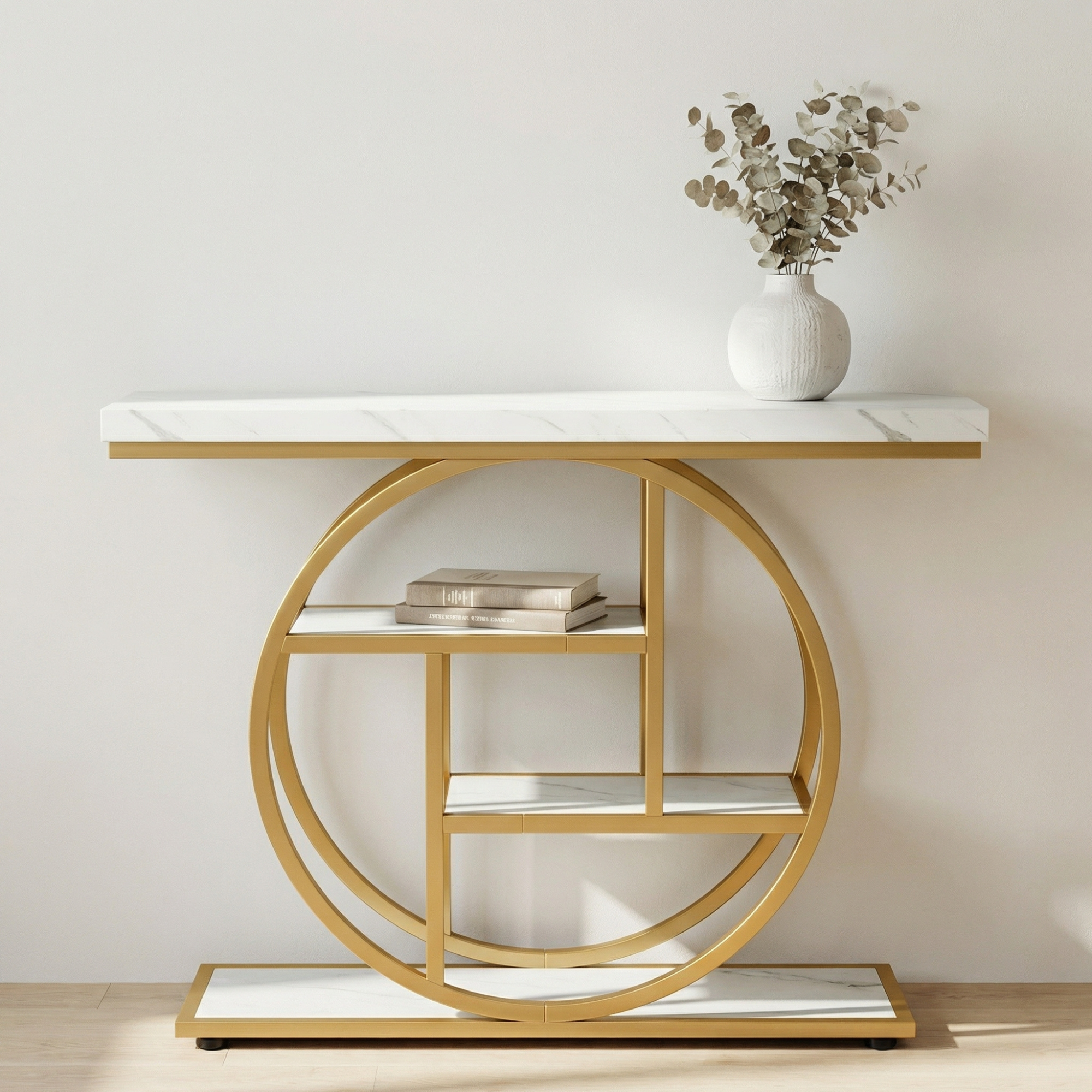 4-Tier Console Table – Modern Table with Open Shelves and Circular Frame for Living Room