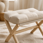 Cushioned Folding Footstool – Solid Wood X-Frame Entryway Bench Sofa Foot Rest