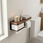 Walnut Toilet Paper Holder Shelf – Wall Mounted Tissue Box and Roll Organizer for Bathroom