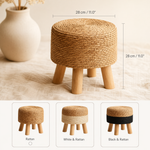 Round Rattan Footstool – Woven Grass Seat Wood Legs Boho Living Room Ottoman
