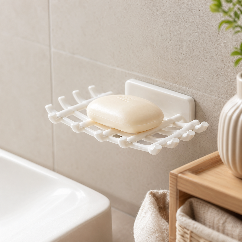 Wall Mounted Soap Dish – Drill-Free Grid Drainage Rack for Bathroom, Black or White