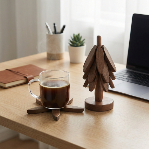 Wooden Tree Coaster Set with Stand – Heat Resistant Drink Coasters for Coffee Table
