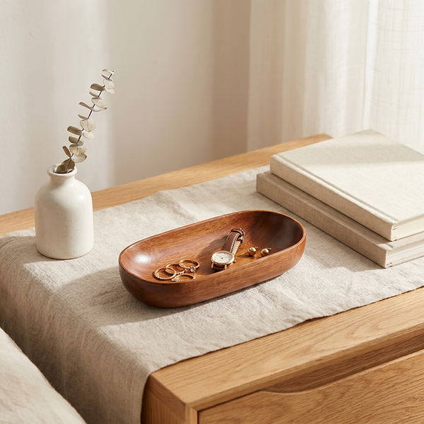 Wooden Serving Tray – Oval Boat Shape for Breakfast Snacks Jewelry Entryway Organizer Home Decor