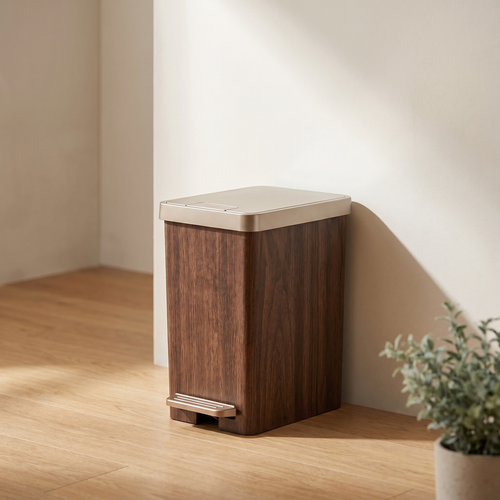 Narrow Wood Grain Trash Can – Step Pedal Lid, Slim Space Saving Bin for Home Office