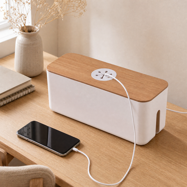 Cable Storage Box Bamboo Lid – Power Strip Organizer Wire Hider for Home Office Desk