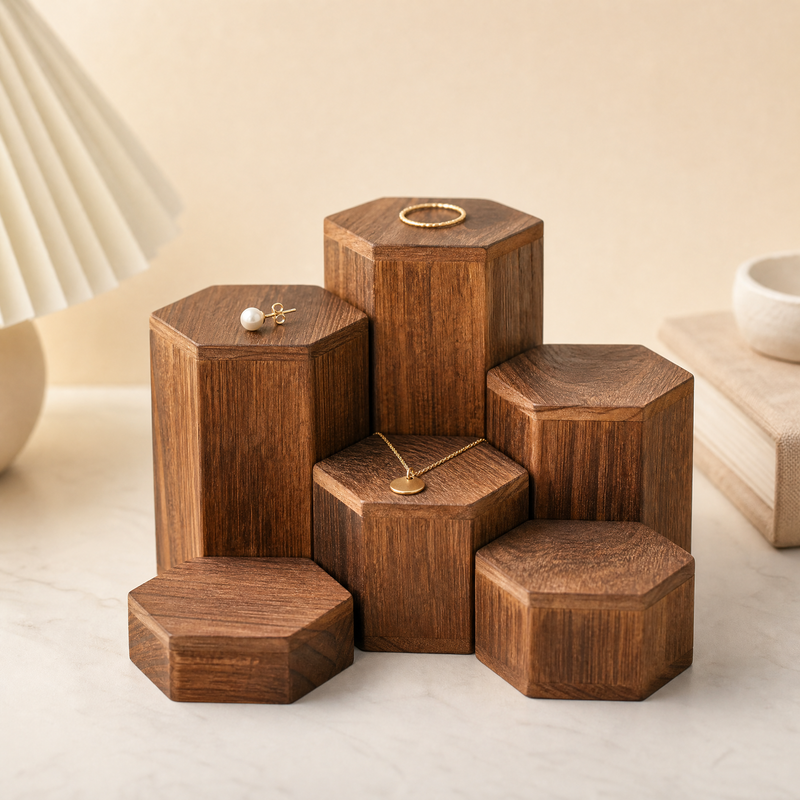 6-Piece Hexagonal Wood Riser Set – Tiered Display Stand for Jewelry and Collectibles