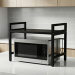Microwave Shelf Organizer – Adjustable Height Iron Rack with 6 Hooks, Kitchen Counter Storage